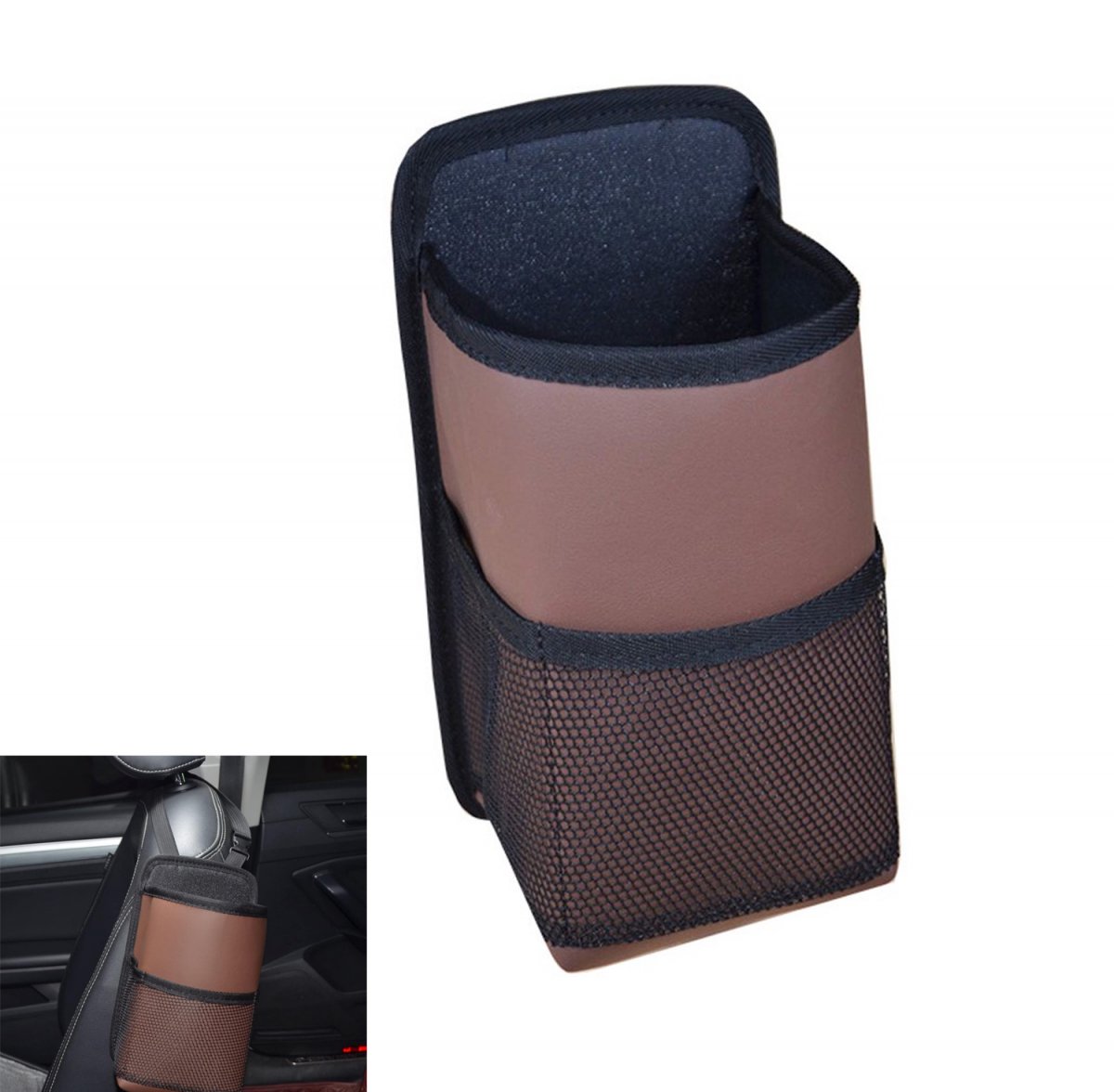 13*12*19 cm - bekerhouder - waterfleshouder - waterfles tas - hangende - multifunctionele - autostoel organizer - spullenhouder met gaasvak - voor auto's, SUV's en vrachtwagens - bruin