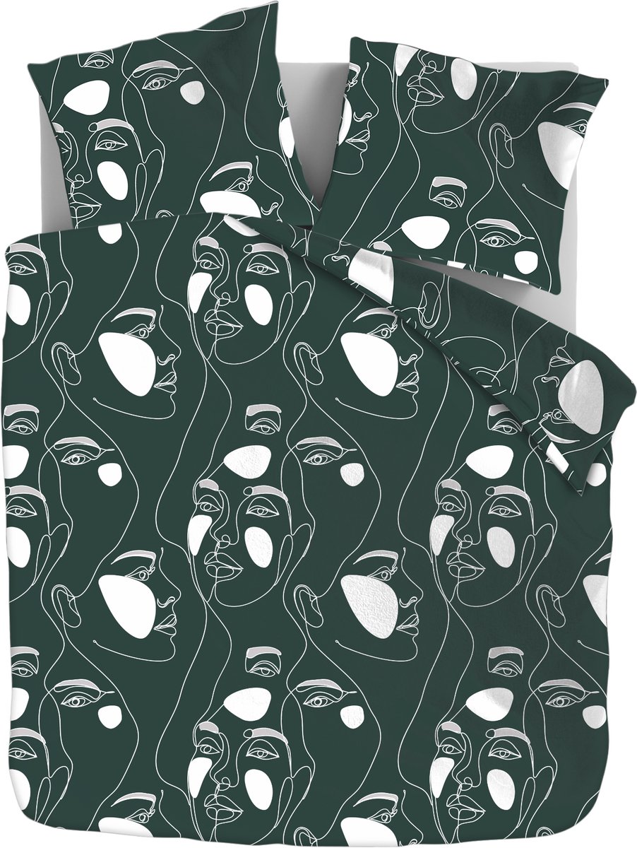 Zydante® Dekbedovertrek Printed 200x200/220 cm - Green Faces - met 2 Kussenslopen