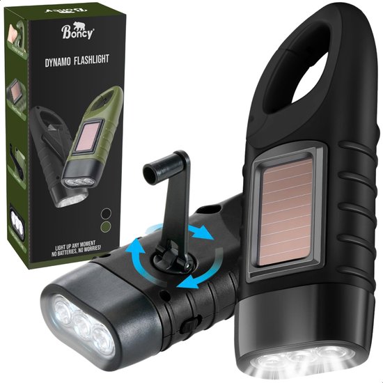 Boncy® Opwindbare LED Zaklamp - Knijpkat Oplaadbaar Zonder Batterij - Dynamo Opwindbaar Noodverlichting bij Stroomuitval - Militaire Nood Zaklampen Handmatig Noodlamp met Hendel en Zonne Energie - Noodpakket Waterdicht voor Kinderen Kind Volwassenen