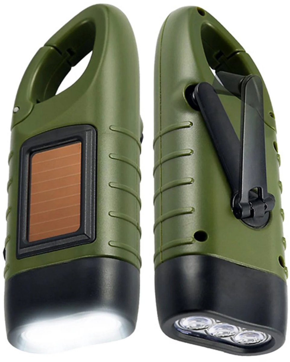JustValue Opwindbare Zaklamp - Militaire zaklamp - LED Knijpkat - Noodverlichting - Dynamo - Zonne-energie - Solar - Donkergroen