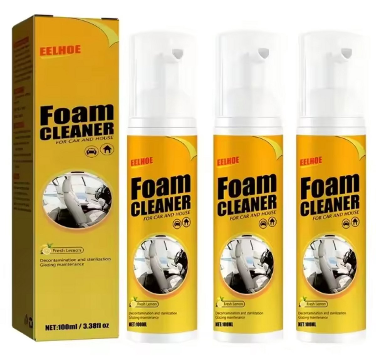 TLVX 3x Bekleding reiniger 150ml / Schuimreiniger / Vlekken reinigen / Interieur reiniger / Foam cleaner / 450ml / Auto schoonmaak / Citroen Geur / Auto interieur reiniger / Vlekken verwijderen bankstel / Autostoel schoonmaken Leer / Stof / Effectief