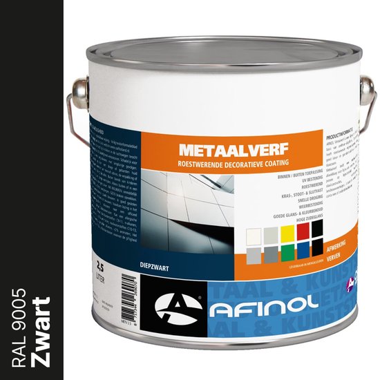 Blik metaalverf "DIEPZWART" RAL 9005 van AFINOL, 2,5 liter.