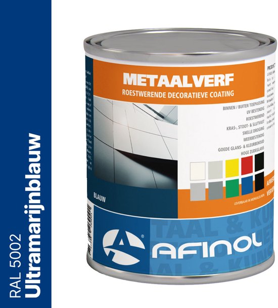 Blik metaalverf Ultramarijnblauw RAL 5002. Roestwerende decoratieve coating voor binnen en buiten.