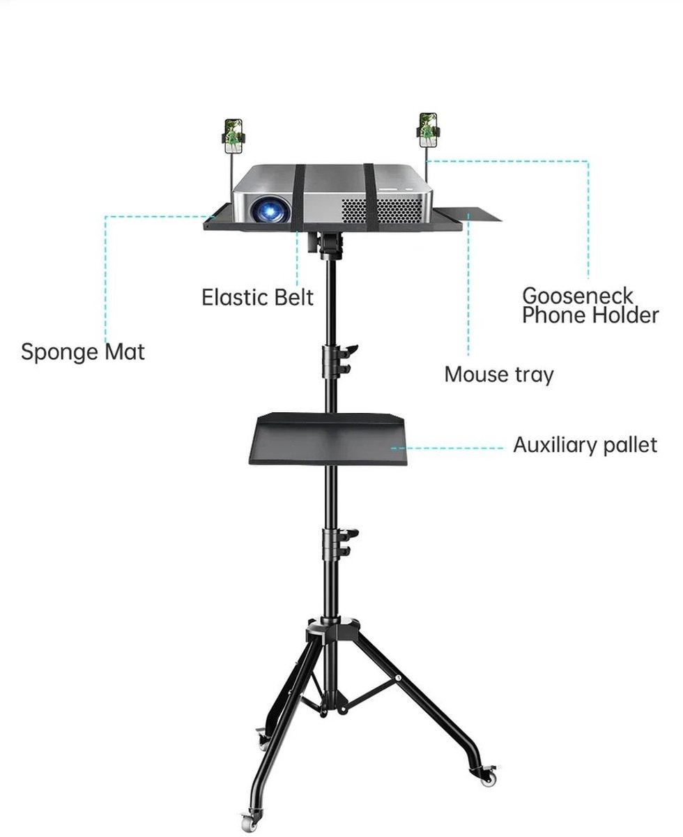 WNHB® Laptop en Projector Statief – Verstelbaar tot 145 cm – Met Wielen – 3 Plateaus en 2 Telefoonhouders – Zwart