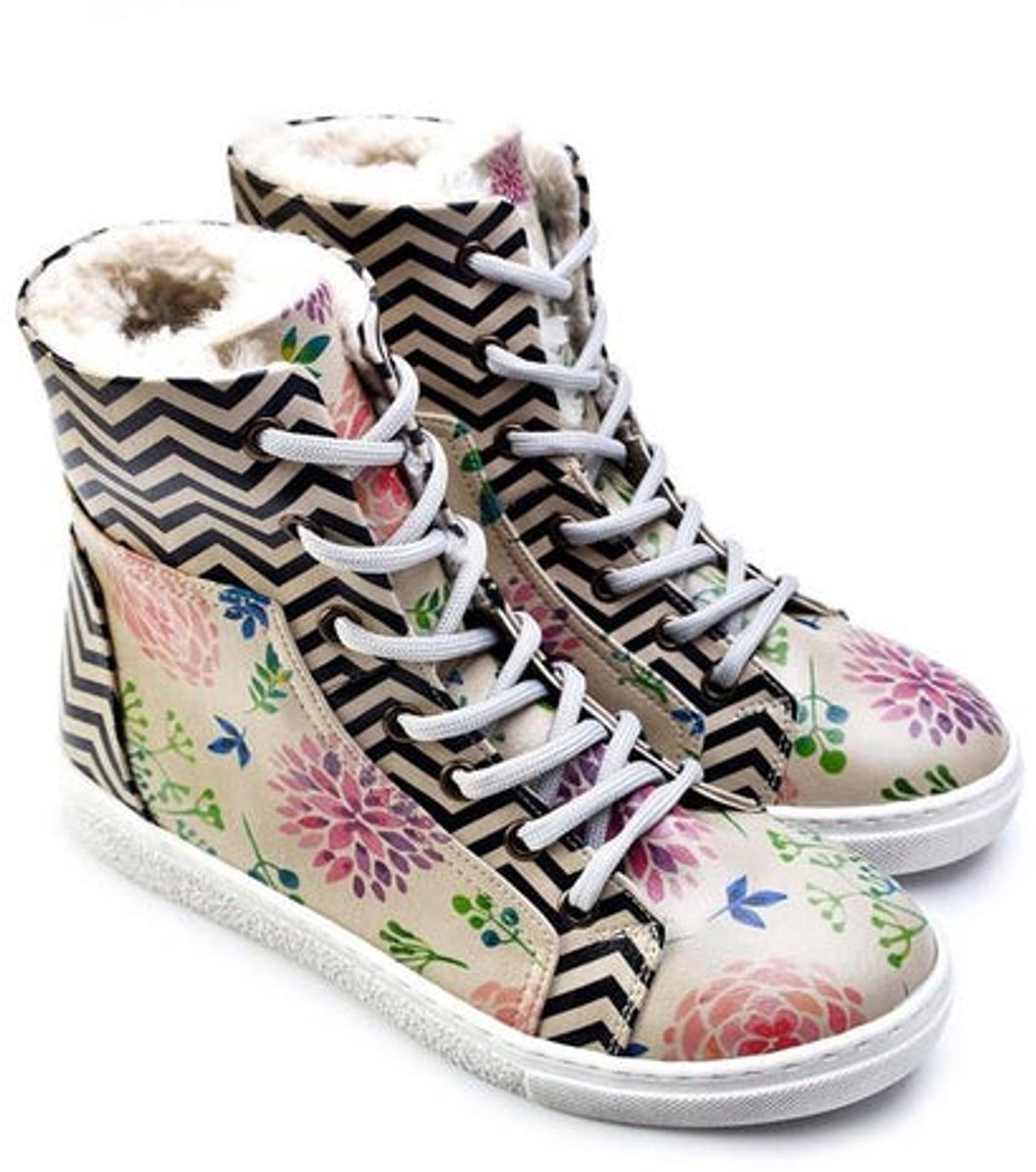 GOBY ZigZag Floral Dames Sneakerlaarzen Handmade Vegan Leer