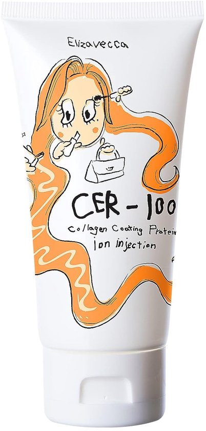 Tube blanc avec la marque Elizavecca CER-100 et une fille de dessin animé aux longs cheveux orange.