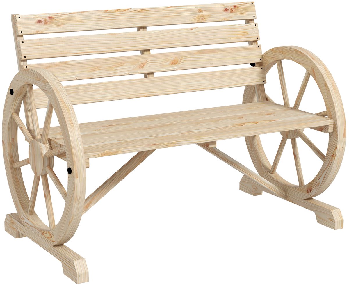 Merax Houten Tuinbank 2-Zits – Landelijke Buitenbank met Wagenrad Design – Massief Vurenhout – Weerbestendig – 105x56x79 cm