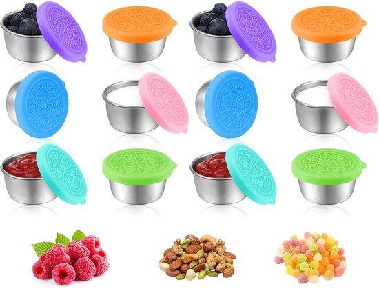 Mini Vershoudbakjes - RVS Snackbox - Set van 12 Dressingpotjes - Kleine Roestvrijstalen Sauscontainer - Duurzame Snackdoosjes - Diepvriesbakjes - Dressingcontainer - Sausbekers - 50ML Dressingcontainer Met siliconen deksels - voor salades/specerijen