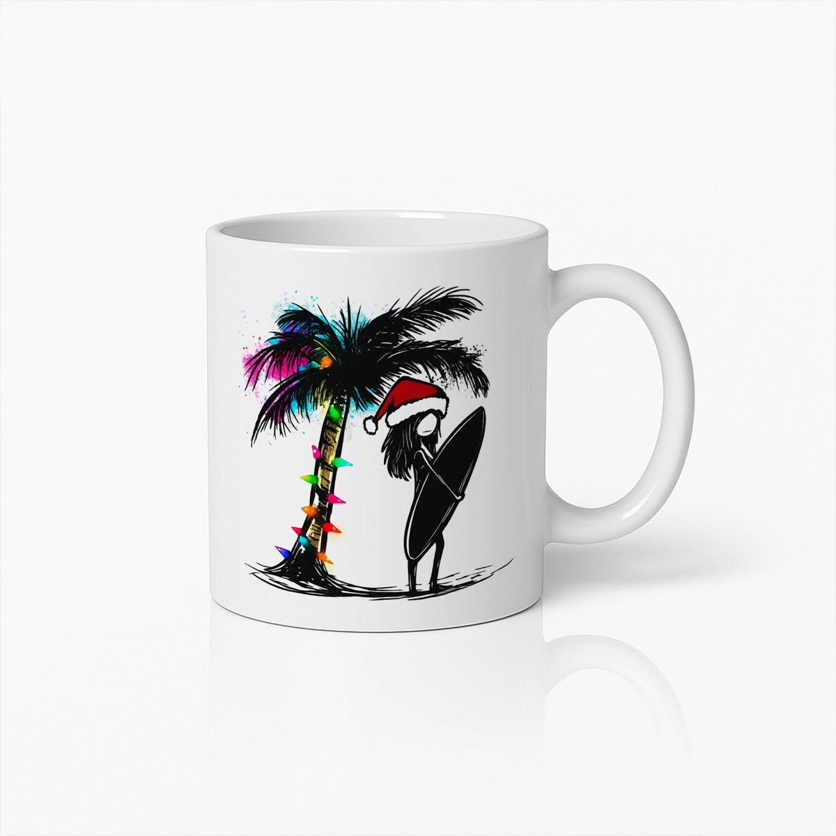 Kerst Surfer Mok – Kleurrijke Palmboom & Kerstmuts Vakantie Koffiekop