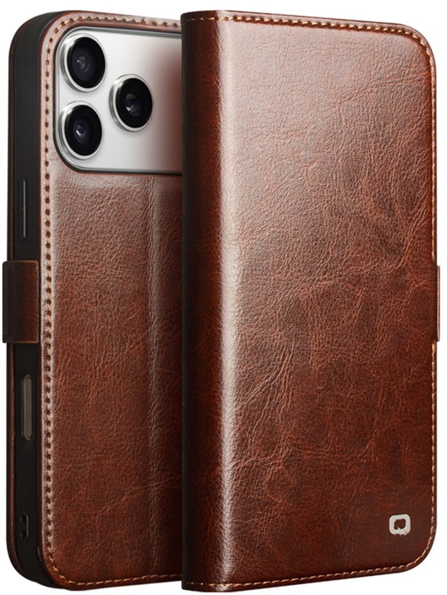 QIALINO Hoesje - Geschikt voor iPhone 17 Pro Max Hoesje - QIALINO Genuine Leather Book Case - Echt Leder - Bruin