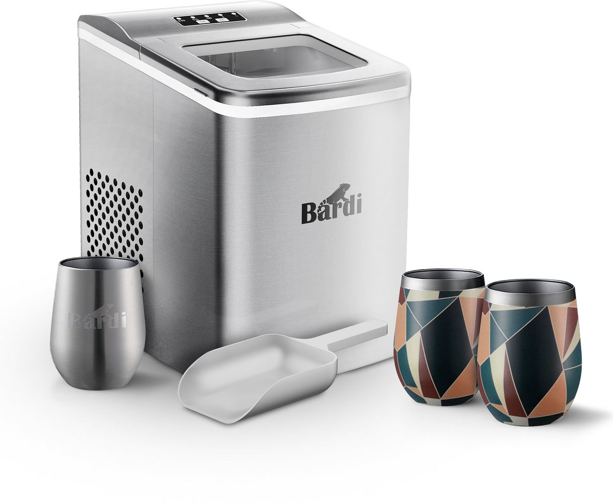 Bardi Deluxe ijsblokjesmachine set – 2L – RVS– Inclusief 3 Luxe Thermosbekers en ijsschep – Abstract Colours