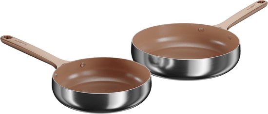 BergHOFF Home Koekenpannenset 2-delig - Ø 20 / Ø 24 cm - PFAS-Vrije Antikleefpannen - RVS Braadpannen - Keramische Anti-Aanbaklaag Bakpannen - Geschikt voor Inductie, Gas, Elektrisch en Keramisch - Ovenbestendige Biefstukpan tot 230 °C - Warm Blush