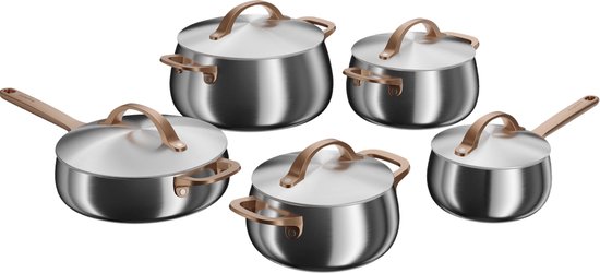BergHOFF Home Pannenset RVS – 10-delig Kookpannenset met Deksels - PFAS-Vrij – Steelpan Ø16cm – Kookpot Ø18/20/24cm – Hapjespan Ø24cm – Geschikt voor Inductie, Gas, Elektrisch en Keramisch – Oven- en Vaatwasserbestendige Kookpannen - Warm Blush