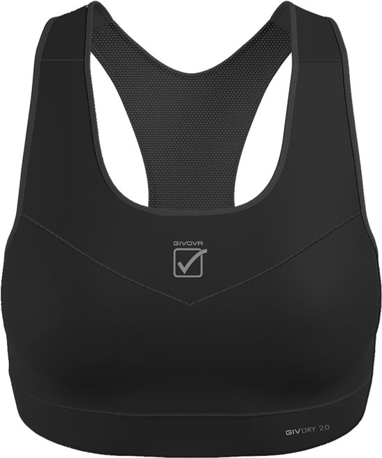 Zwarte sportbeha met een v-vormige naad op de borst en "GIVOVA" logo met vinkje. "GIVDRY 2.0" staat op de zoom.