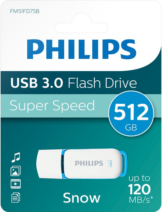 Philips FM51FD75B USB Stick - 512 GB - Snow Edition Ocean Blue - 3.0 USB Type-A 3.2 Gen 1 (3.1 Gen 1) - Wit