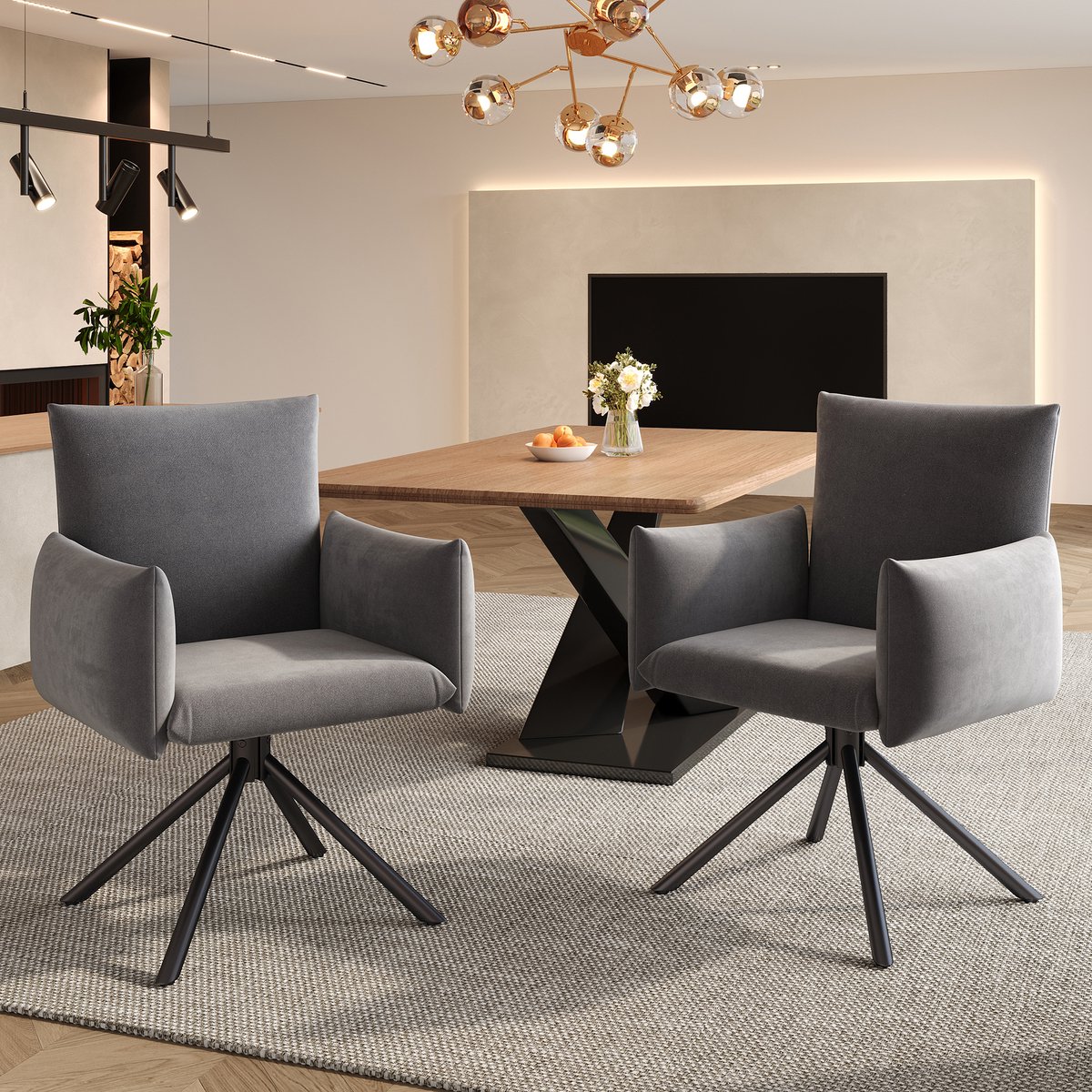 Sweiko Eetkamerstoel - Set van 2 - Metalen poten - Gestoffeerde fauteuil - 360° draaibaar