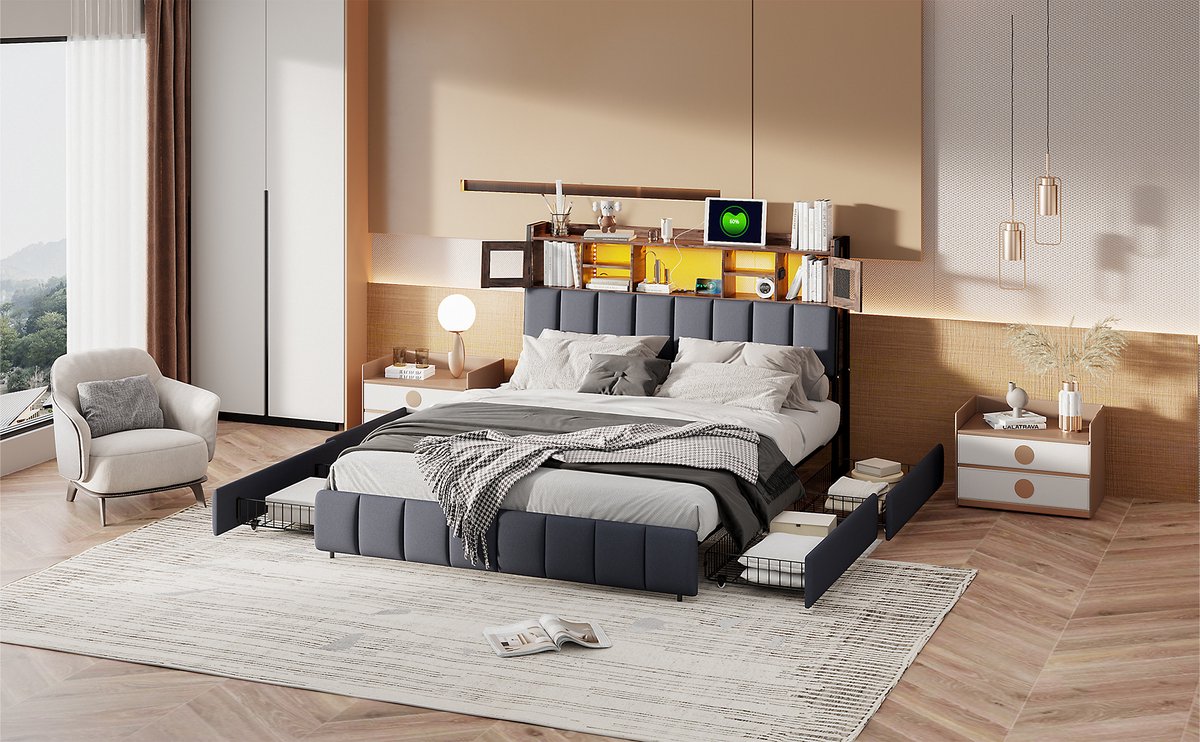 Tweepersoonsbed 140x200cm - Met 4 Laden En Groot Opberghoofdeinde Massief Hout Wit