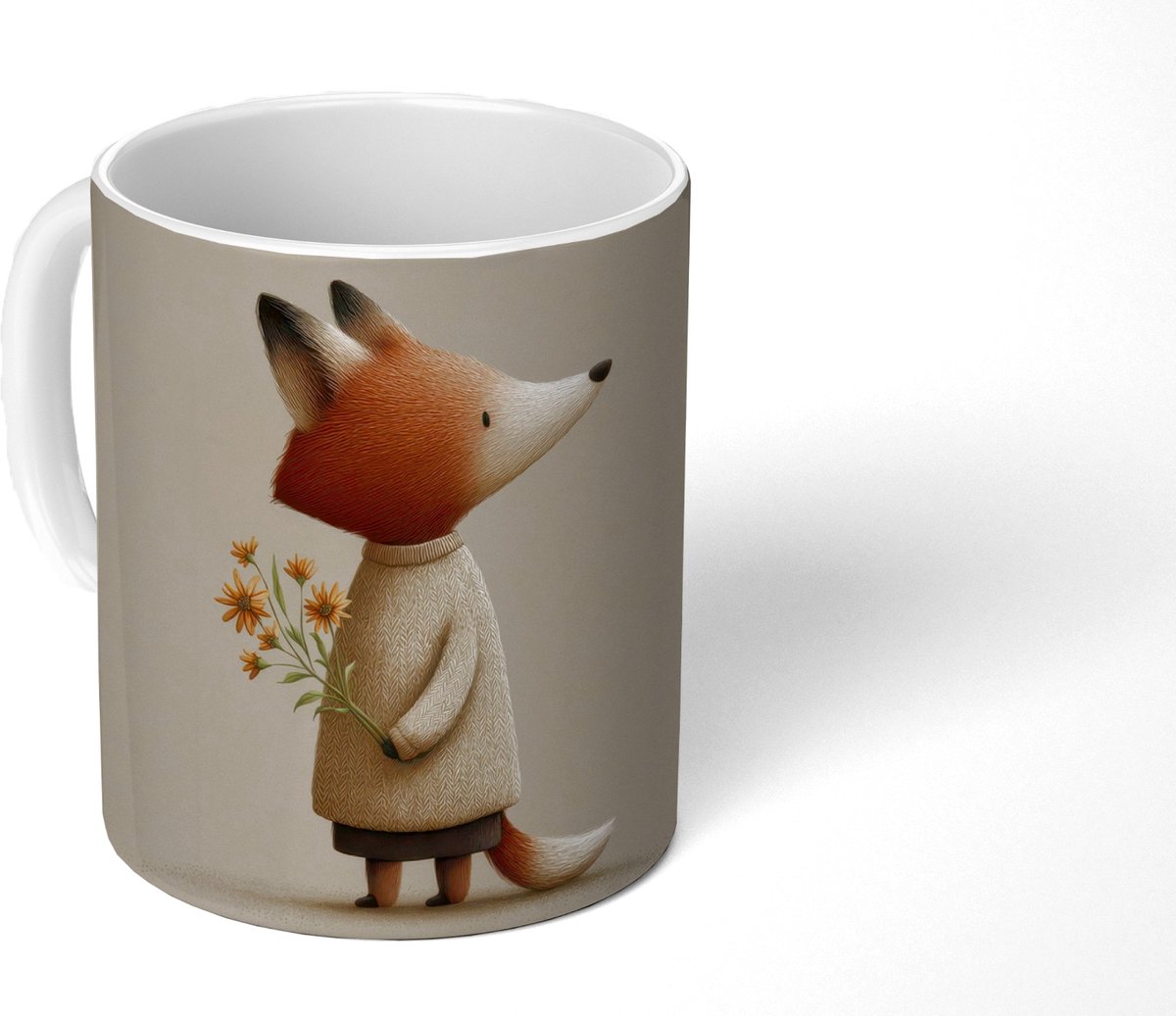 Mok - Koffiemok - Vos - Gele bloemen - Minimalistisch - Mokken - 350 ML - Beker - Koffiemokken - Theemok