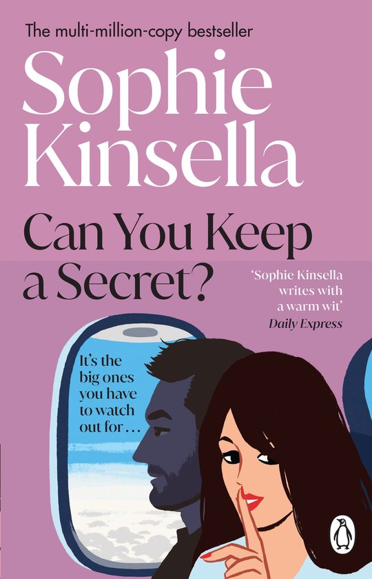 Boek 'Can You Keep a Secret?' van Sophie Kinsella, met een illustratie van een man en vrouw bij een vliegtuigraam. Tekst: 'It's the big ones you have to watch out for...'.