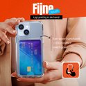 Transparante telefoonhoes met een blauwe creditcard in het kaarthouder vakje. "Fijne touch" staat in de afbeelding.