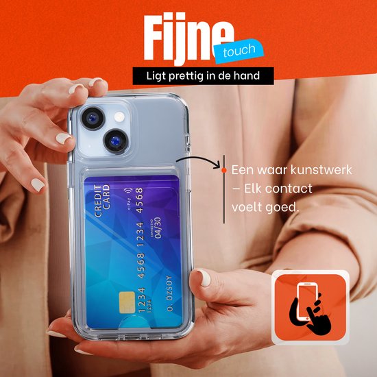 Transparante telefoonhoes met een blauwe creditcard in het kaarthouder vakje. "Fijne touch" staat in de afbeelding.