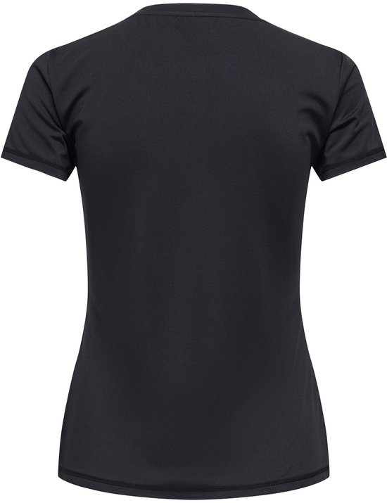 Zwarte dames t-shirt, achterkant. Korte mouwen en ronde hals.