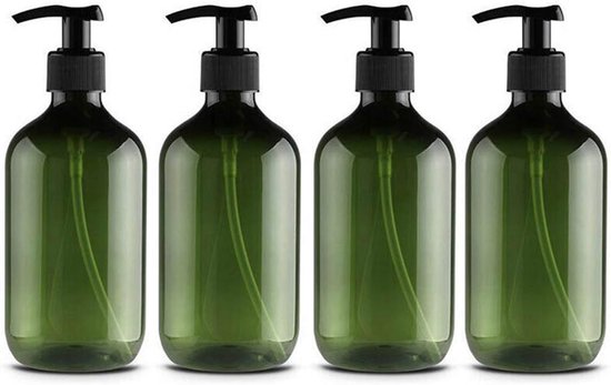 Flacon pompe - Distributeur de Shampooing - Distributeur de savon - Réutilisable - 500 ml - Rechargeable - PET - Vert vif - Pour après-shampoing, gel douche et lotion - 4 pièces
