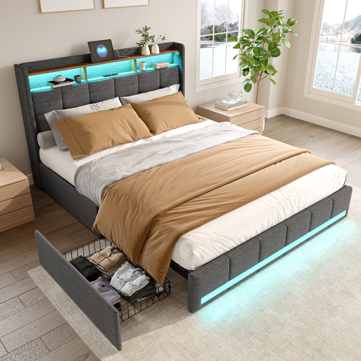 Gestoffeerd tweepersoonsbed 140x200 cm met LED's en USB - Modern opbergbed met hoofdeinde, lattenbodem, 4 opberglades - Perfect voor volwassenen en tieners - Grijs linnen (zonder matras)