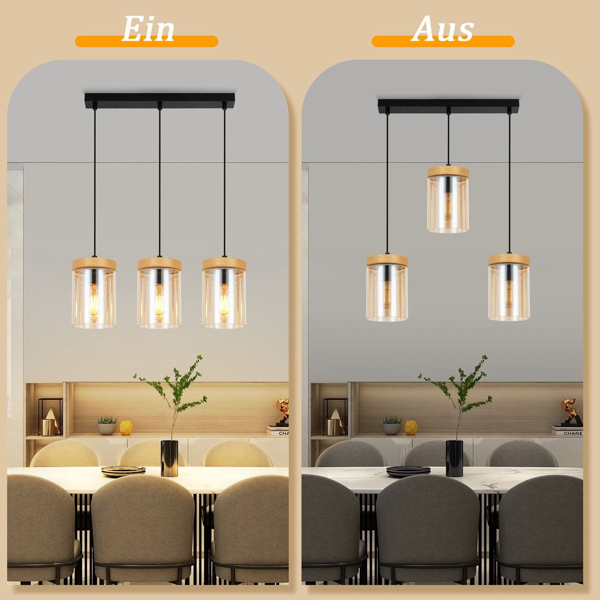 Hnexsei Moderne glazen hanglamp met gouden E26-fitting, verstelbare kabel en amberkleurige structuurscherm, plafondlamp hanglamp voor keuken, eetkamer, slaapkamer