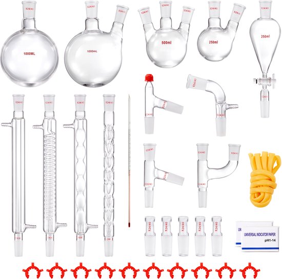 Laboratorium Destillatieset, 3,3 Boro-Glaswerk met 24/40 Verbinding, 1000 ml Etherische Olie Apparatuur, 32-delig Set