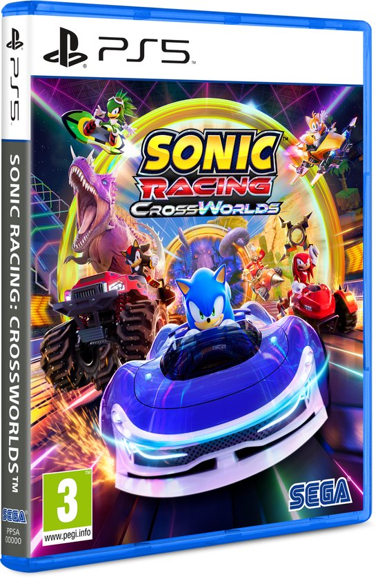 Cover van Sonic Racing: CrossWorlds PS5, met Sonic in een blauwe auto, Shadow op een rode quad, en een dinosaurus.