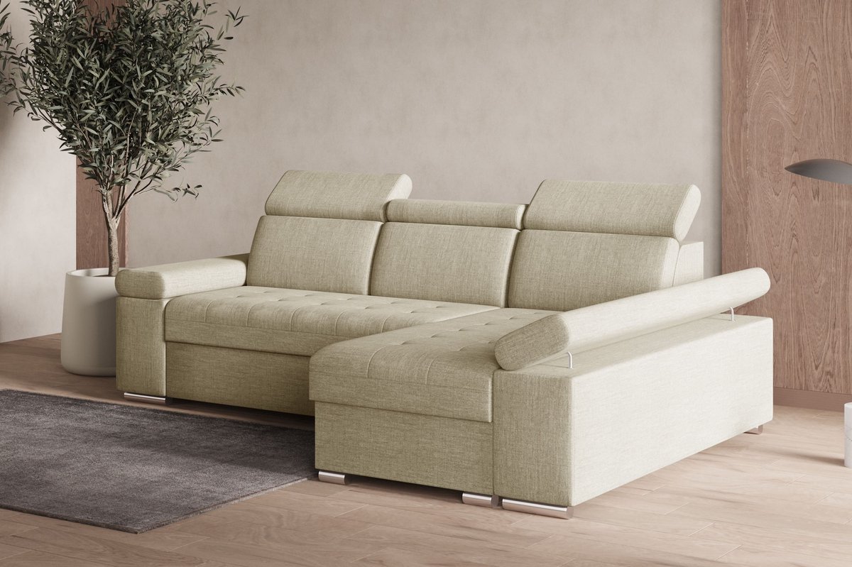 Hoekbank L met slaapfunctie, verstelbare hoofdsteunen & bedlade – Moderne slaapbank met opbergruimte – Hoekbank Luka L – Beige (Twist 01) – Rechts
