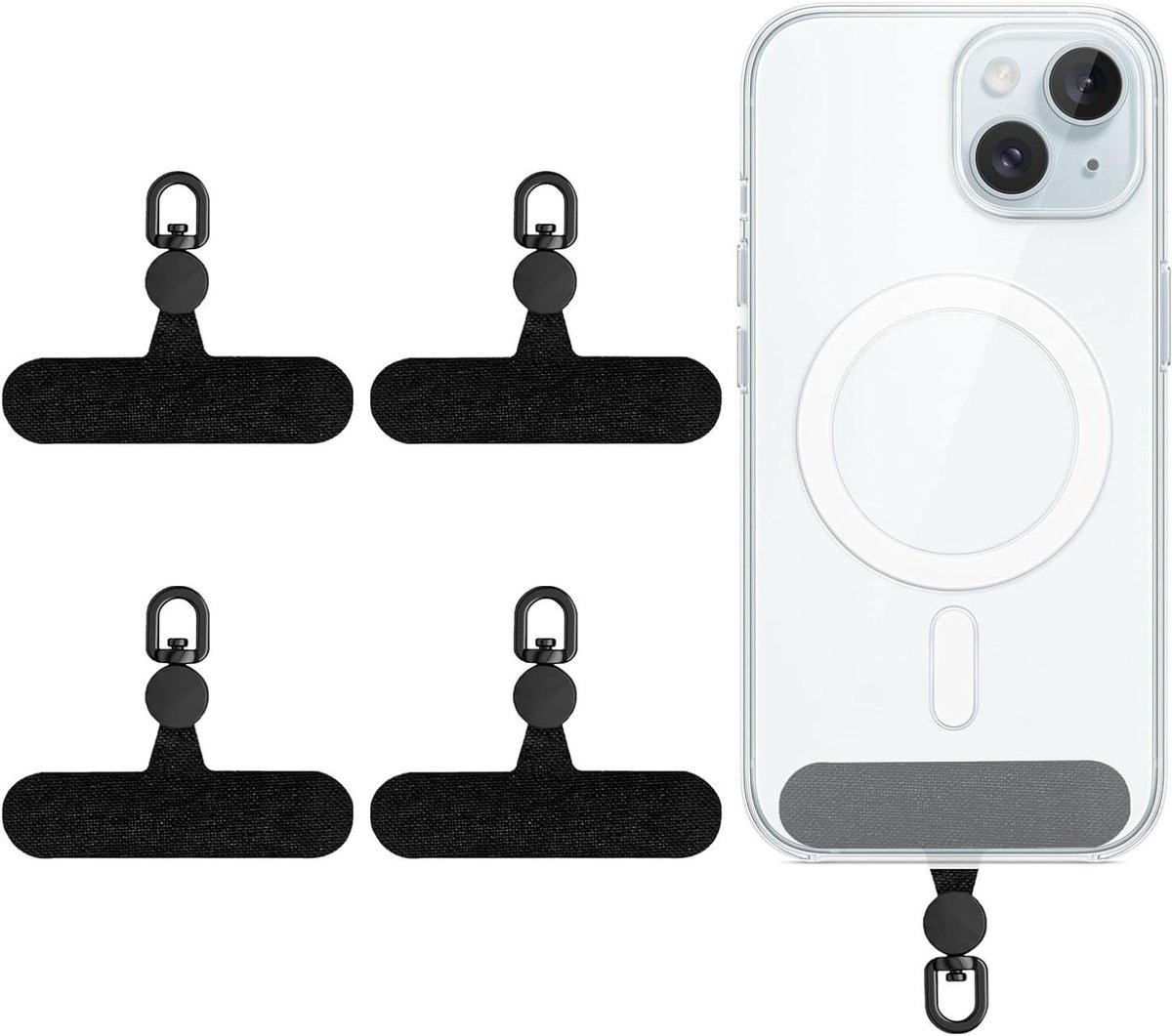 Tab Tether - Draaibare 360 graden set van 4 telefoon-lanyard-patches voor mobiele telefoon - Compatibel met iPhone en andere mobiele telefoons - Zwart