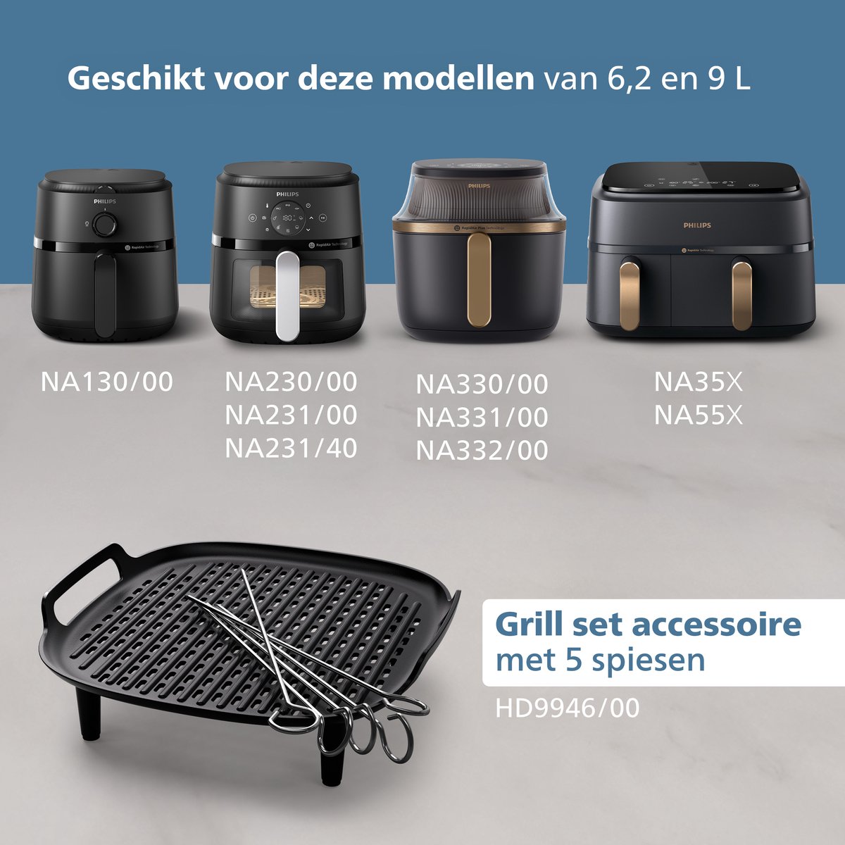 Philips Grill Set Airfryer Accessoire - HD9946/00 - Geschikt voor Philips - Grillplaat met 5 spiesen — afbeelding 4
