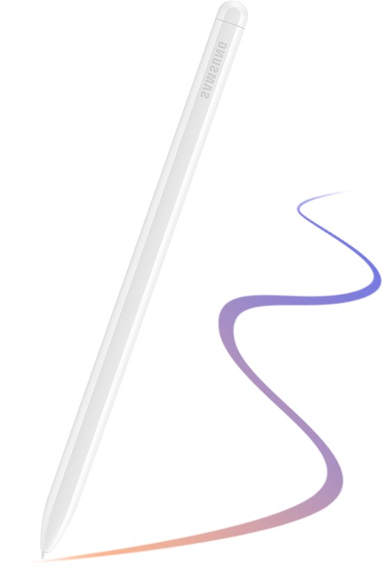 Witte Samsung S Pen met een golvende blauw-paarse lijn eronder