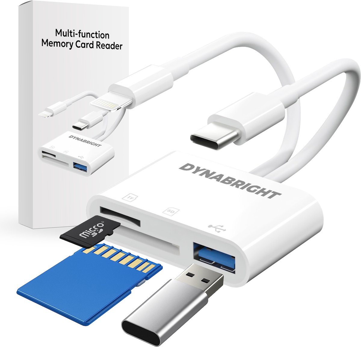 DynaBright SD Kaart Lezer - SD Kaartlezer USB C en Lightning - Card Reader - voor Iphone / Ipad / Laptop - Incl. Adapter - Geheugenkaartlezer Micro SD