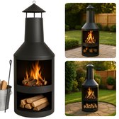 Bol.com Cheqo® Terrashaard Metaal - Tuinhaard - Haard - Vuurkorf - Terraskachel met Houtopslag - Grote Buitenhaard met Schoorsteen aanbieding