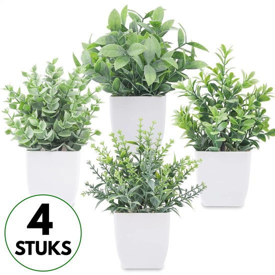 Boncy® Plante artificielle Premium en pot - 4 pièces Plantes artificielles - Fausses plantes pour intérieur et extérieur - Décoration de chambre - Fausses plantes plant artificiel d'eucalyptus - Fleurs artificielles