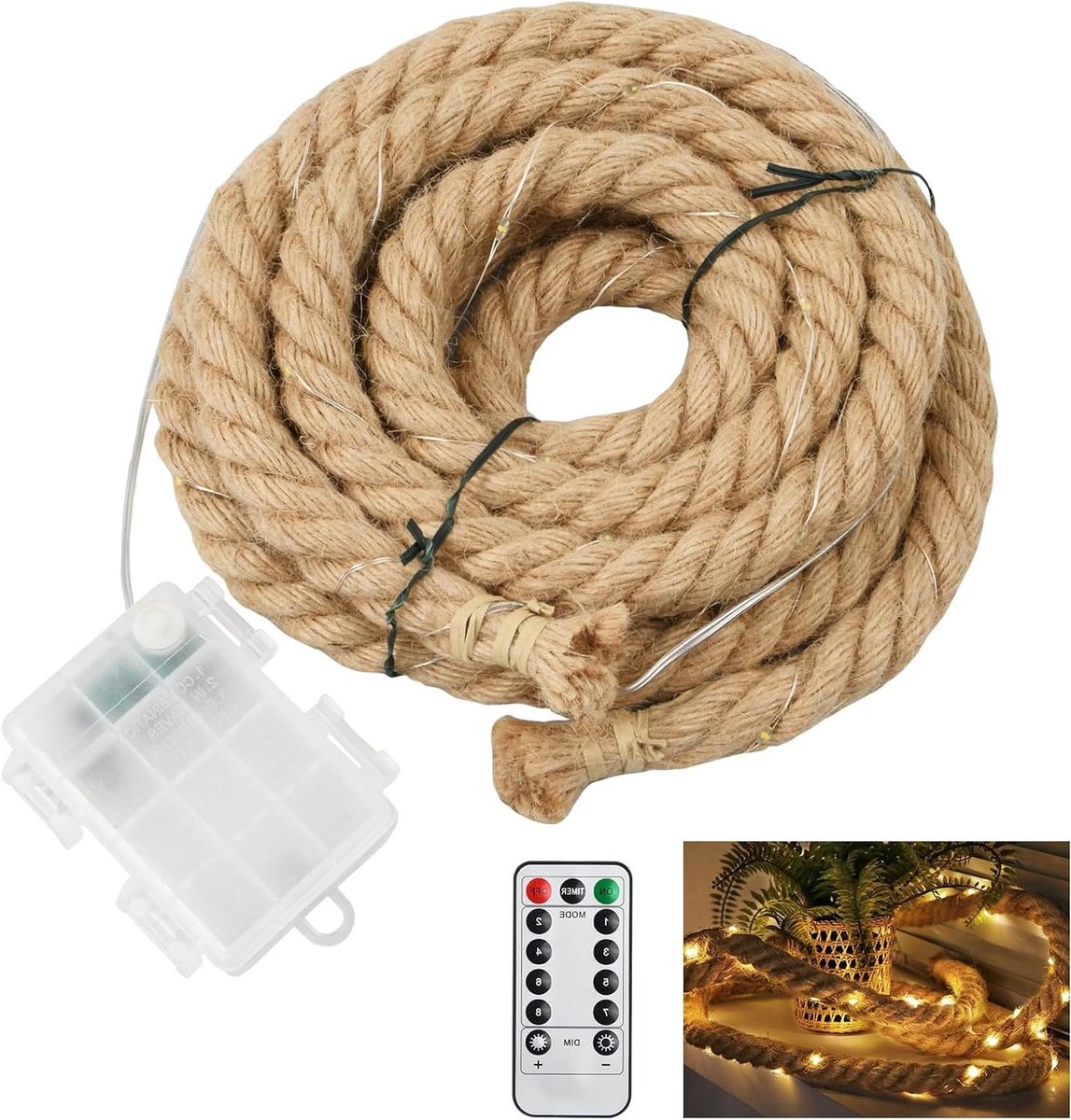 Allecto Plus - Rustiek henneptouw lichtsnoer 300 cm met 60 leds en afstandsbediening - Batterij aangedreven lichtslinger voor binnen en buiten - Feestelijke decoratie met 8 modi.
