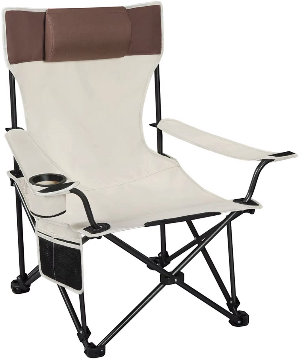 Campingstoel met Hoofdsteun & Bekerhouder - Opvouwbare Lichtgewicht Vouwstoel met Opbergtas - Voor Wandelen, Strand & Picknick - Beige