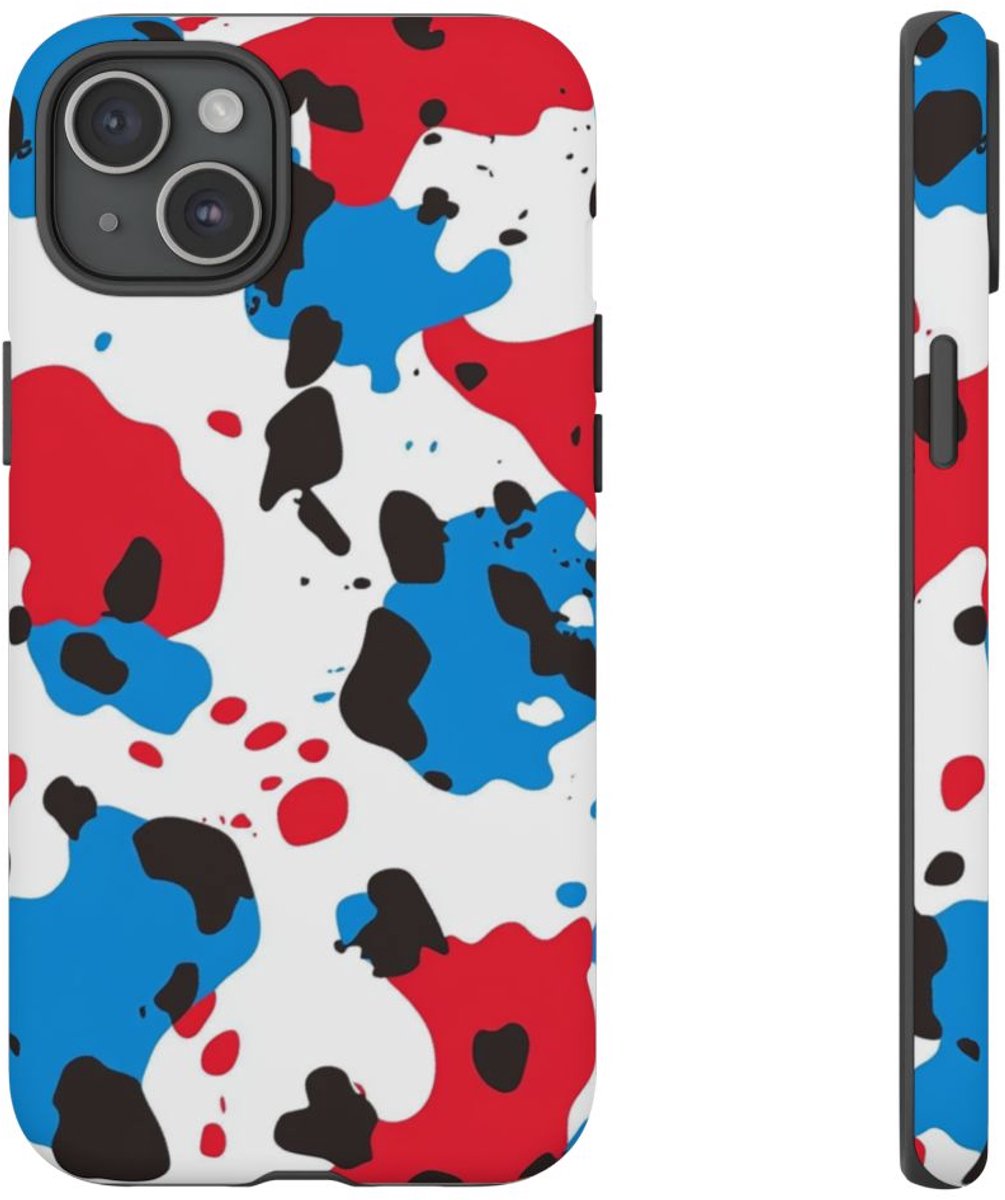 Abstracte Rode en Blauwe Vlekken – Telefoonhoesje Geschikt voor iPhone 15 Plus