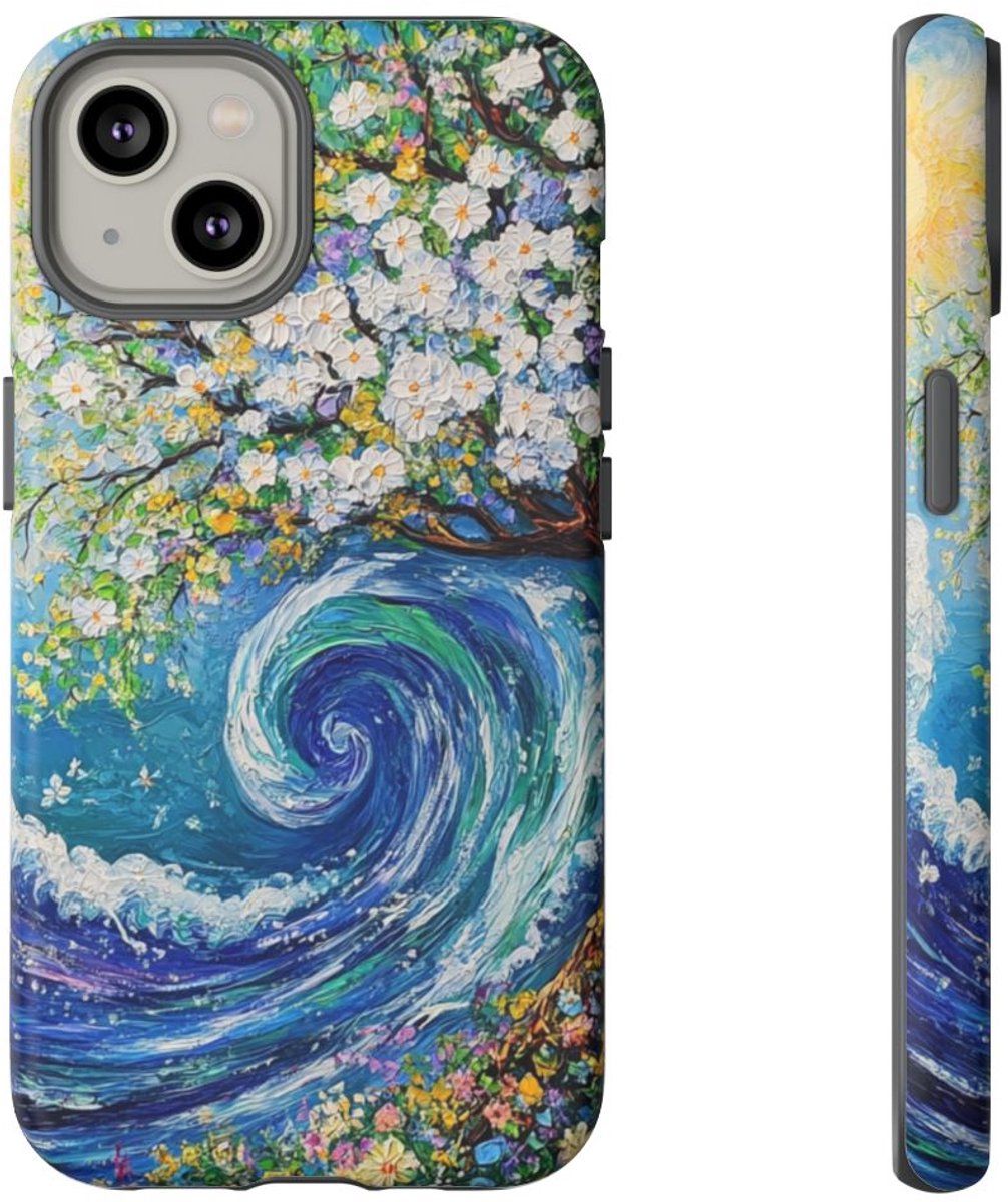 Bloeiende Boom en Oceaangolf Schildering – Telefoonhoesje Geschikt voor iPhone 14