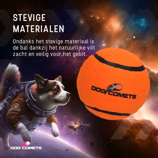 Een oranje bal met zwarte strepen, naast een hond in een ruimtepak.