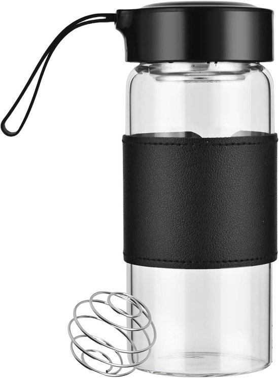 Foto: Eiwitshaker van glas 480 ml met zeef en roestvrij stalen kogel prote neshaker voor eiwitshakes en fitness shakerfles met shakebeker