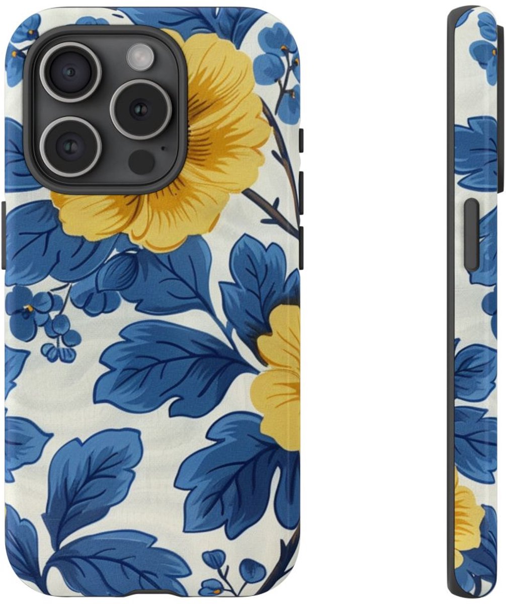 Blauw-Geel Bloemenpatroon – Telefoonhoesje Geschikt voor iPhone 15 Pro