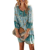 Robe d'Été Boho Vert M - Tunique Imprimée Fleurs - Robe de Plage Vintage - Polyester Confortable Respirant - Pour Dames - 1 pièce