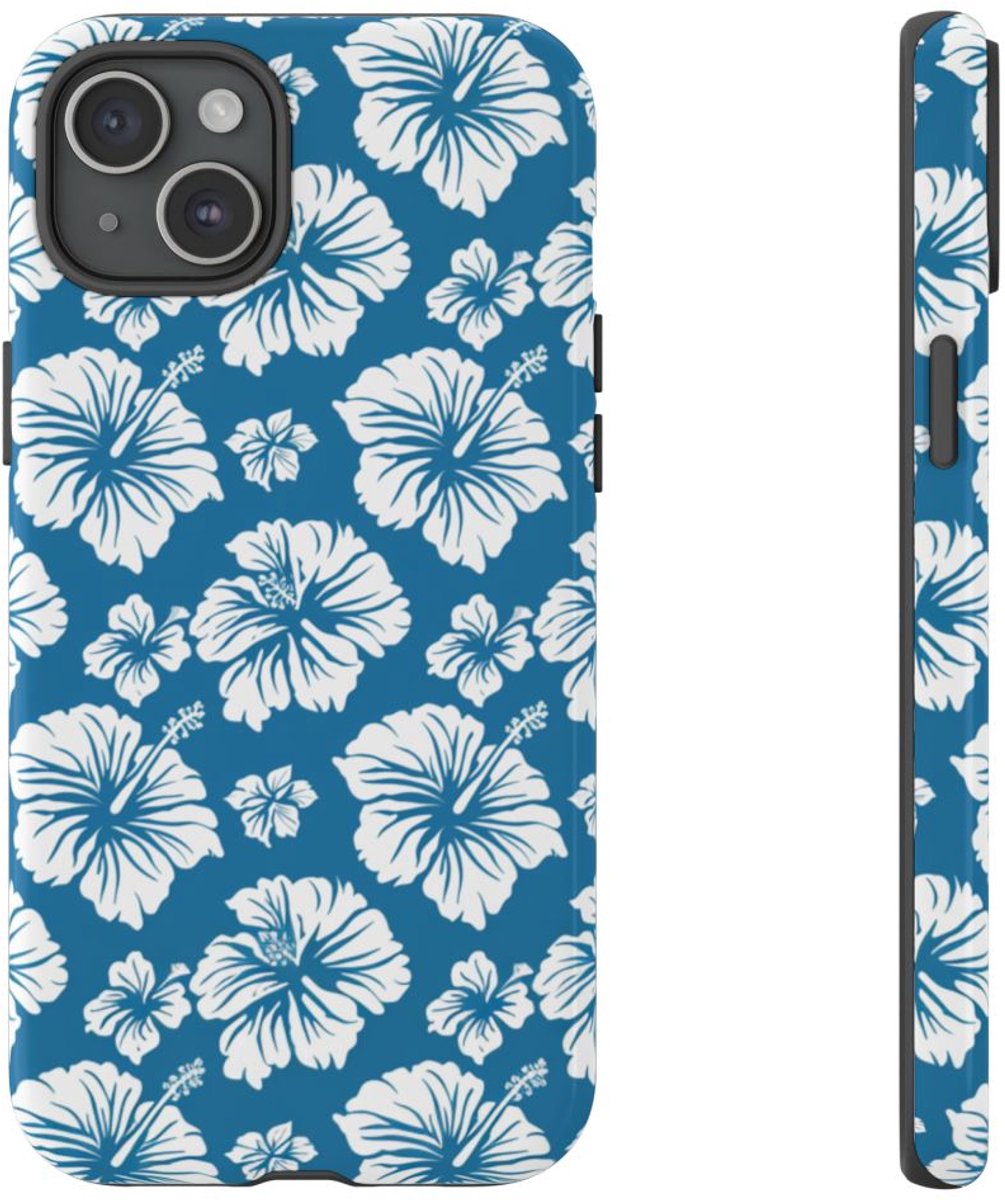 Wit Hawaïaans Bloemenpatroon op Blauw – Telefoonhoesje Geschikt voor iPhone 15 Plus