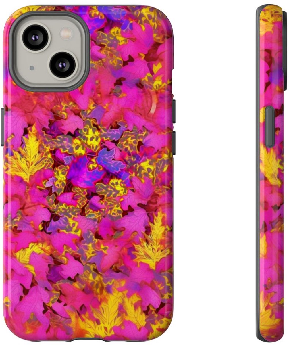 Levendig Roze-Geel Bladerenpatroon – Telefoonhoesje Geschikt voor iPhone 14