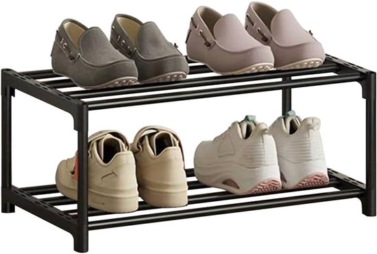 Étagère à chaussures à 2 niveaux, rangement, revêtement antirouille, petite, mince, étroite, empilable, convient pour dortoir, maison de location, balcon, noir