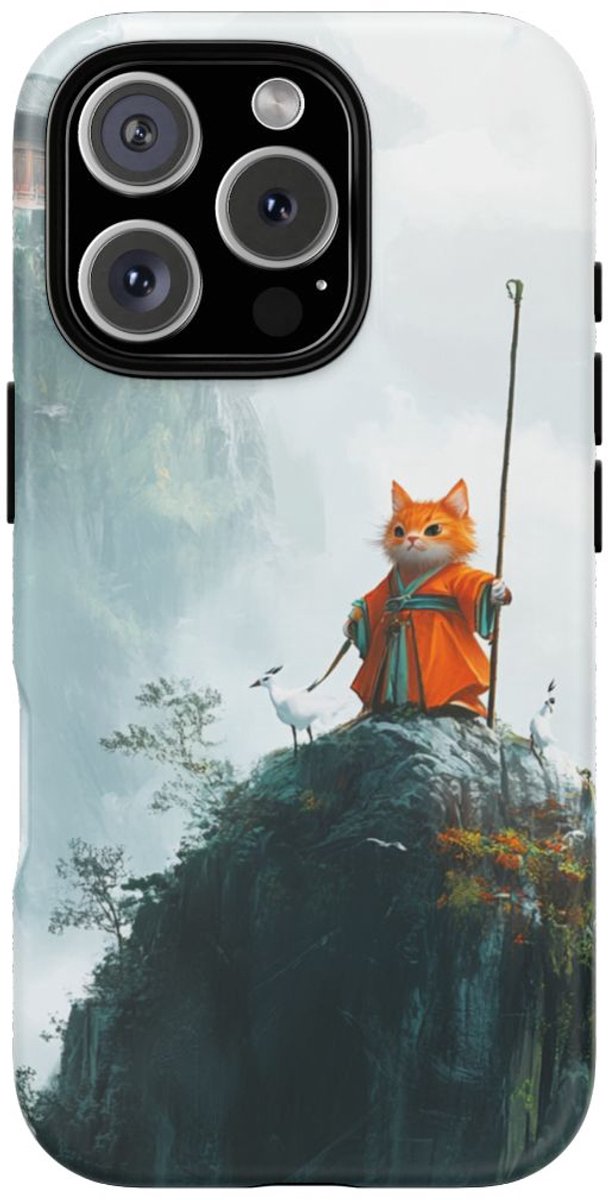 Oranje Kat in Oudgeleerde Gewaad op Bergtop – Telefoonhoesje Geschikt voor iPhone 16 Pro